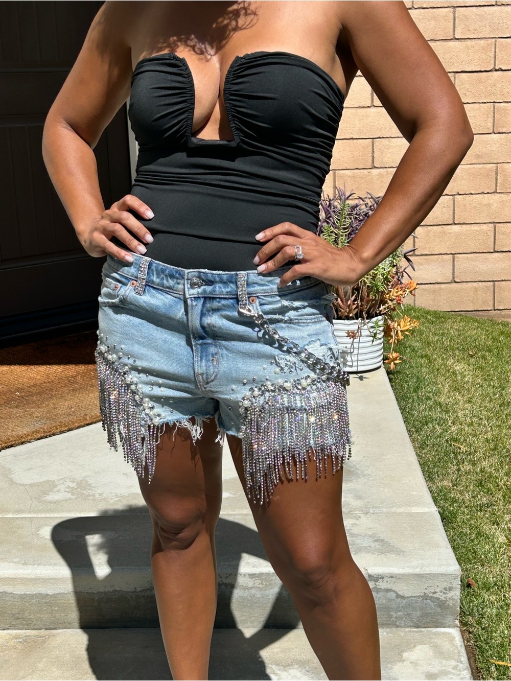 American Eagle Hand-Embellished Rhinestone Pearl Fringe Denim Festival Shorts - Picture 11 of 17
